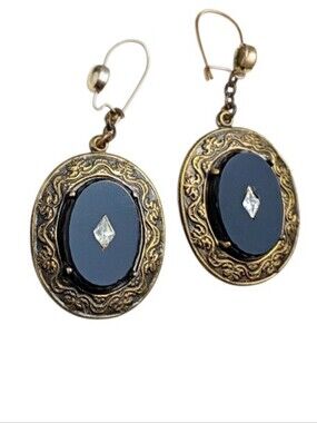 Vintage Victorian Onyx Picture Frame Embossed Dangle Earrings
